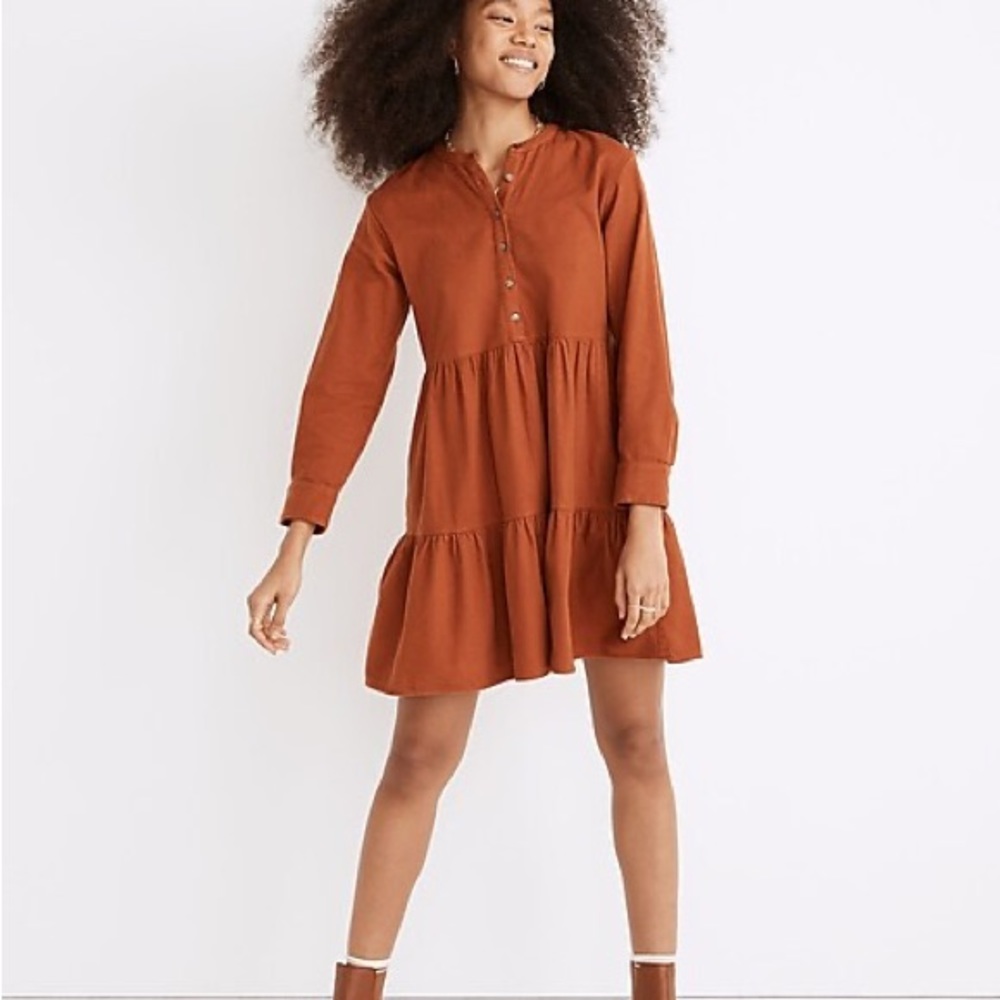 Madewell Flannel Button-Placket Tiered Mini Dress
